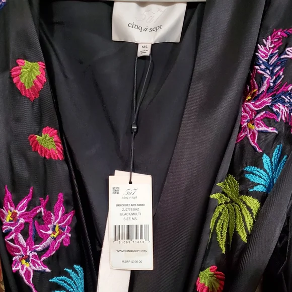Cinq a sept aziza black multi embroidered kimono jacket robe M/L NWT msrp $795 - Picture 7 of 9